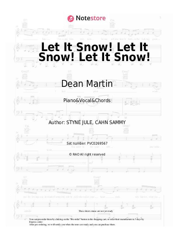 Let It Snow! Let It Snow! Let It Snow! - Dean Martin Piano Sheet Music with the Vocal and Chords - Piano&Vocal&Chords