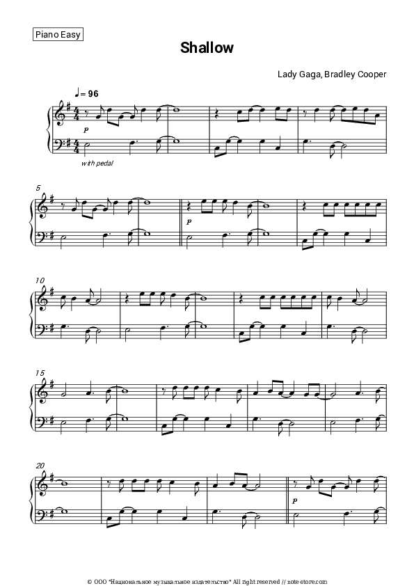 Shallow (From A Star Is Born) - Lady Gaga, Bradley Cooper Piano Sheet Music Easy - Piano.Easy