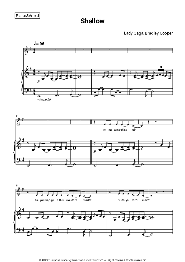 Shallow (From A Star Is Born) - Lady Gaga, Bradley Cooper Piano Sheet Music with the Voice part - Piano&Vocal