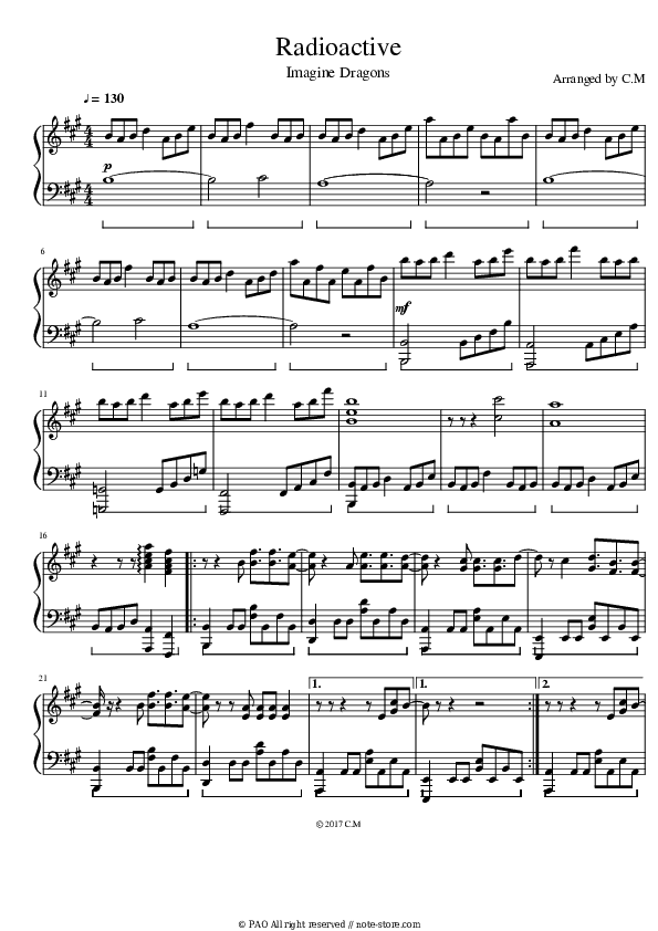 Radioactive - Imagine Dragons Piano Sheet Music - Piano.Solo