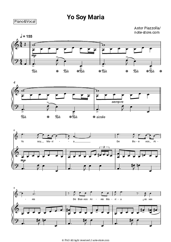 Yo soy Maria - Astor Piazzolla Piano Sheet Music with the Voice part - Piano&Vocal