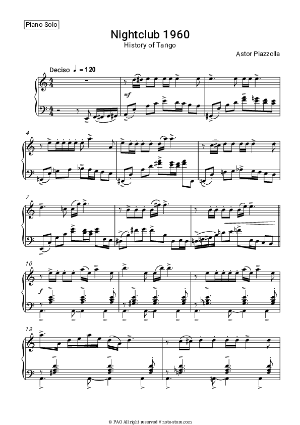 Histoire du Tango - Nightclub 1960 - Astor Piazzolla Piano Sheet Music - Piano.Solo
