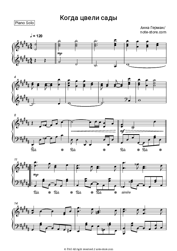 Когда цвели сады - Anna German Piano Sheet Music - Piano.Solo