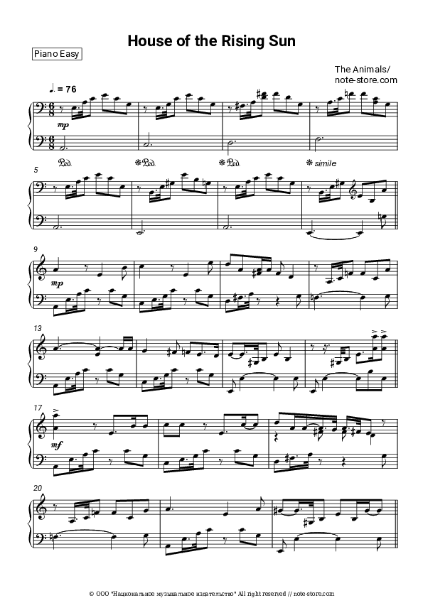 House of the Rising Sun - The Animals Piano Sheet Music Easy - Piano.Easy