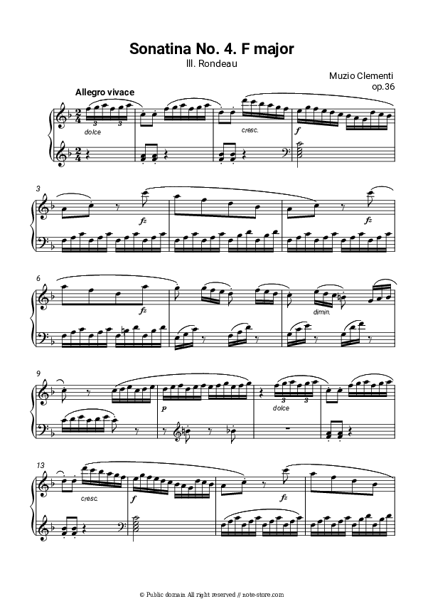 Sonatina Op. 36, No. 4 in F major: lll. Rondeau - Muzio Clementi Piano Sheet Music - Piano.Solo