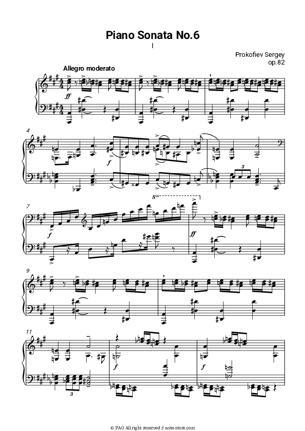 Sonata No. 6 in A Major, Op 82, part 1 - S. Prokofiev Piano Sheet Music - Piano.Solo