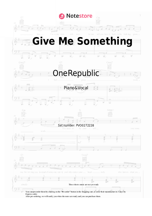 Give Me Something - OneRepublic Piano Sheet Music with the Voice part - Piano&Vocal