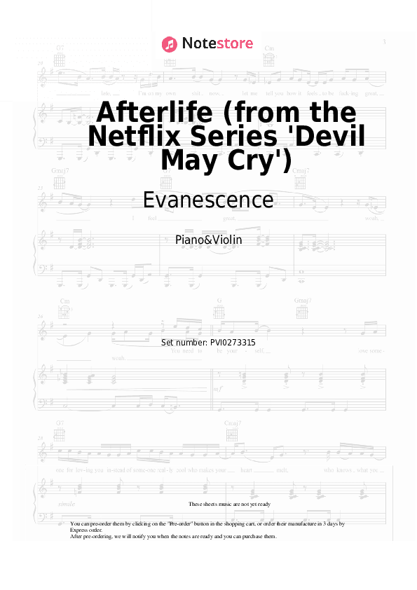 Afterlife (from the Netflix Series 'Devil May Cry') - Evanescence Piano Sheet Music and Violin - Piano&Violin