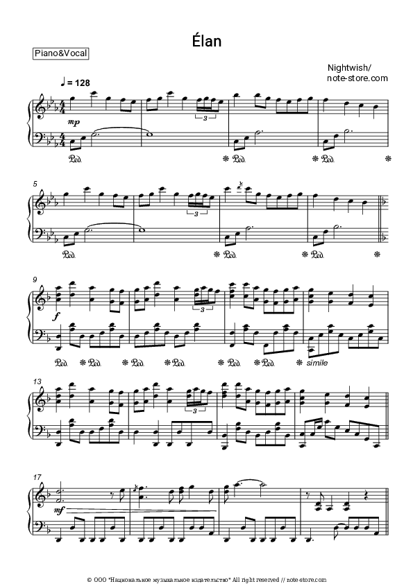 Elan - Nightwish Piano Sheet Music with the Voice part - Piano&Vocal