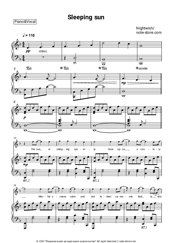 Sleeping sun - Nightwish Piano Sheet Music with the Voice part - Piano&Vocal