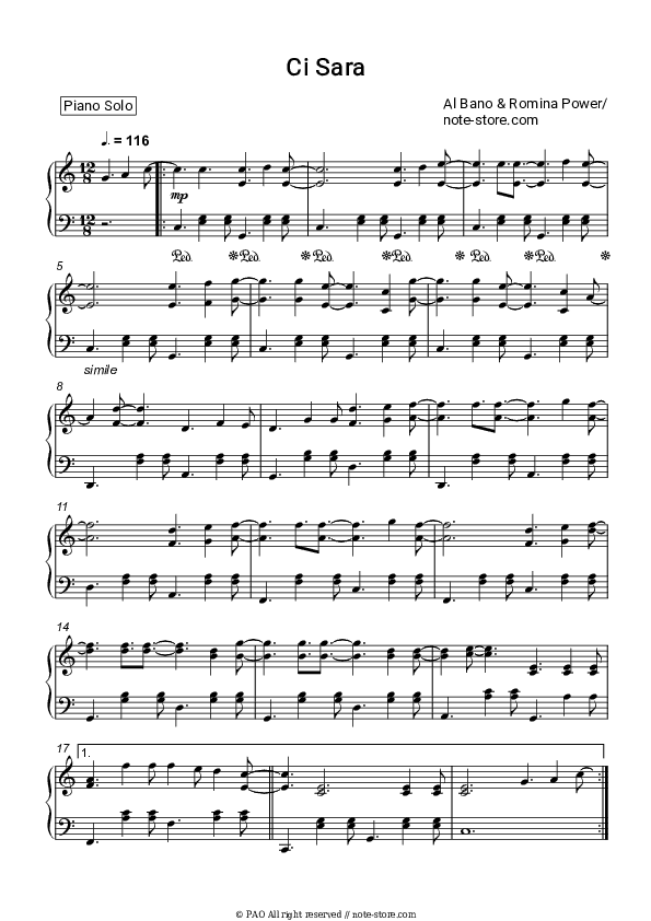 Ci Sara - Al Bano & Romina Power Piano Sheet Music - Piano.Solo