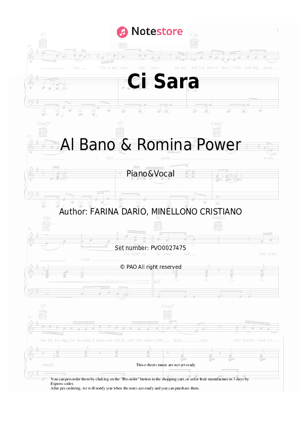 Ci Sara - Al Bano & Romina Power Piano Sheet Music with the Voice part - Piano&Vocal