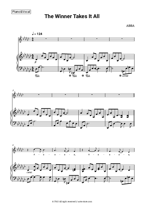 The Winner Takes It All - ABBA Piano Sheet Music with the Voice part - Piano&Vocal