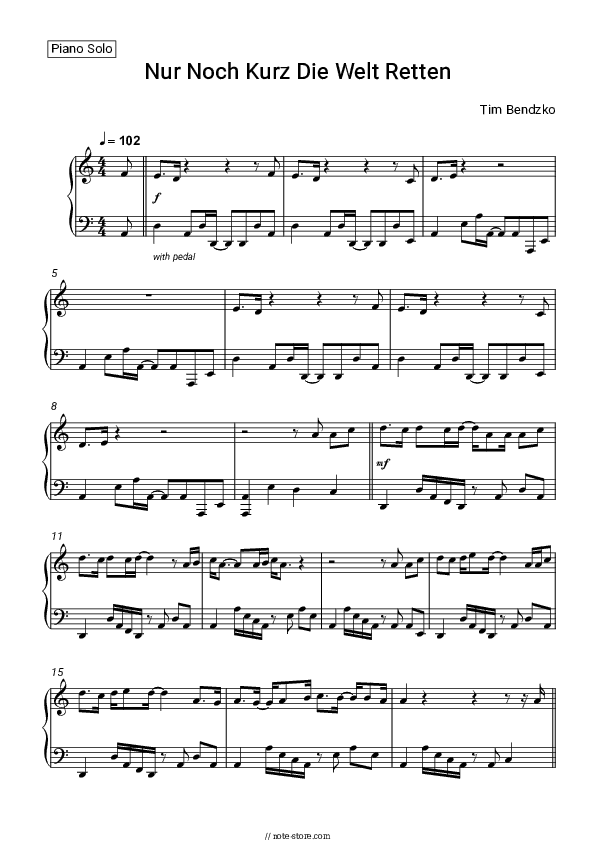 Nur Noch Kurz Die Welt Retten - Tim Bendzko Piano Sheet Music - Piano.Solo