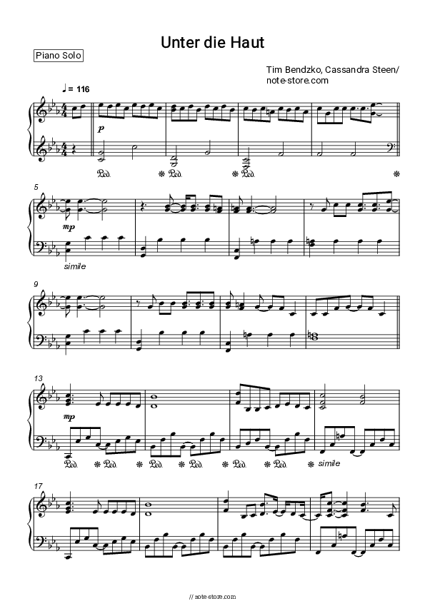 Unter die Haut - Tim Bendzko, Cassandra Steen Piano Sheet Music - Piano.Solo