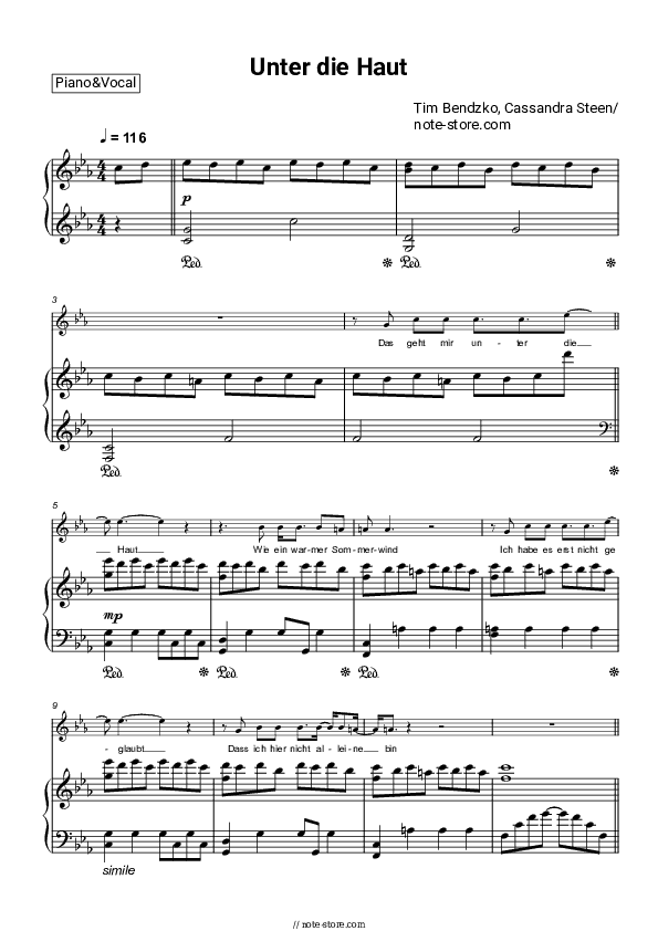 Unter die Haut - Tim Bendzko, Cassandra Steen Piano Sheet Music with the Voice part - Piano&Vocal
