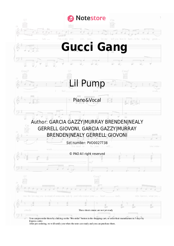 Gucci Gang - Lil Pump Piano Sheet Music with the Voice part - Piano&Vocal