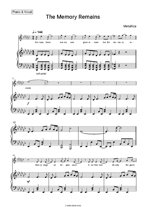 The Memory Remains - Metallica Piano Sheet Music with the Voice part - Piano&Vocal