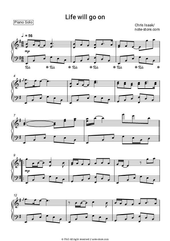 Life will go on - Chris Isaak Piano Sheet Music - Piano.Solo