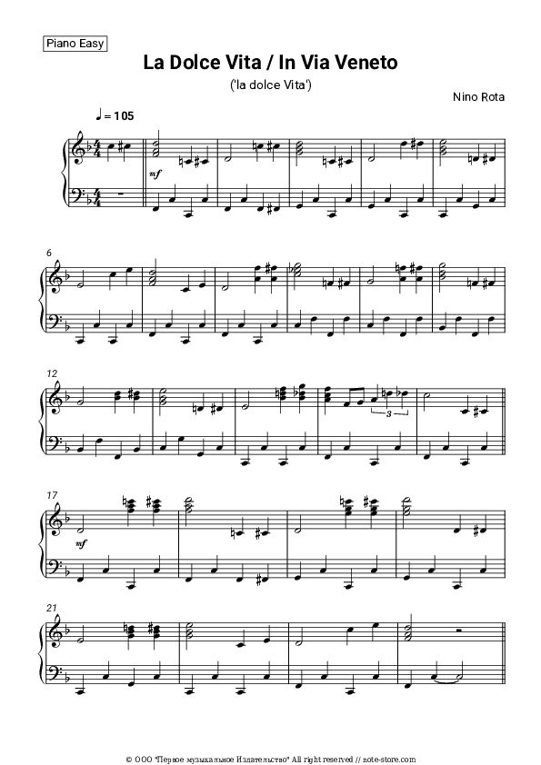 La dolce Vita / Via Veneto 'la dolce Vita' - Nino Rota Piano Sheet Music Easy - Piano.Easy