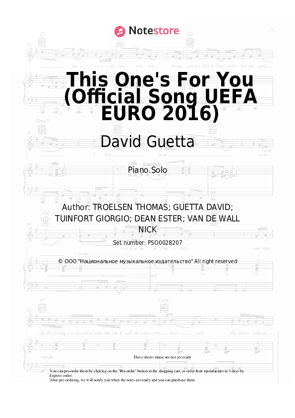 This One's For You (Official Song UEFA EURO 2016) - David Guetta, Zara Larsson Piano Sheet Music - Piano.Solo