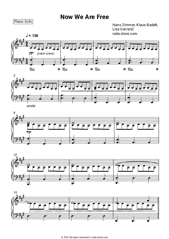 Now We Are Free (Gladiator soundtrack) - Hans Zimmer, Klaus Badelt, Lisa Gerrard Piano Sheet Music - Piano.Solo