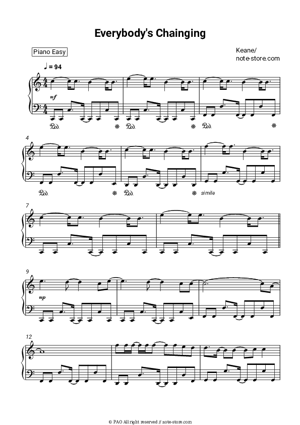 Everybody's Changing - Keane Piano Sheet Music Easy - Piano.Easy