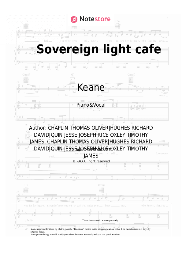 Sovereign light cafe - Keane Piano Sheet Music with the Voice part - Piano&Vocal