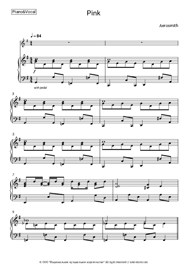 Pink - Aerosmith Piano Sheet Music with the Voice part - Piano&Vocal