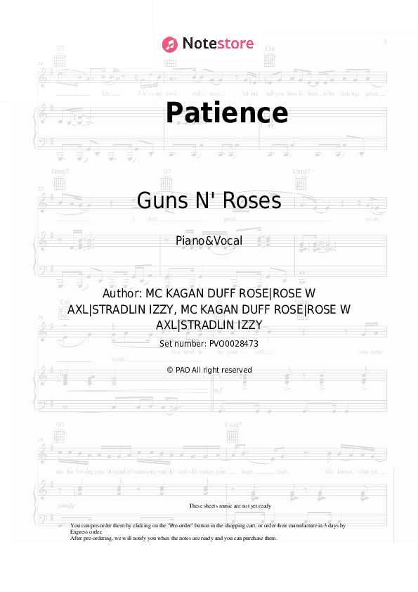 Patience - Guns N' Roses Piano Sheet Music with the Voice part - Piano&Vocal