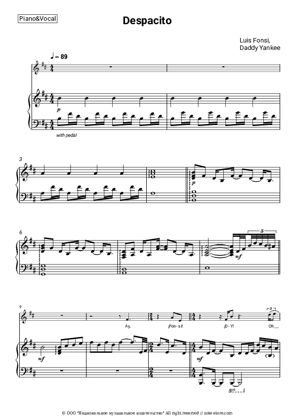 Despacito - Luis Fonsi, Daddy Yankee Piano Sheet Music with the Voice part - Piano&Vocal