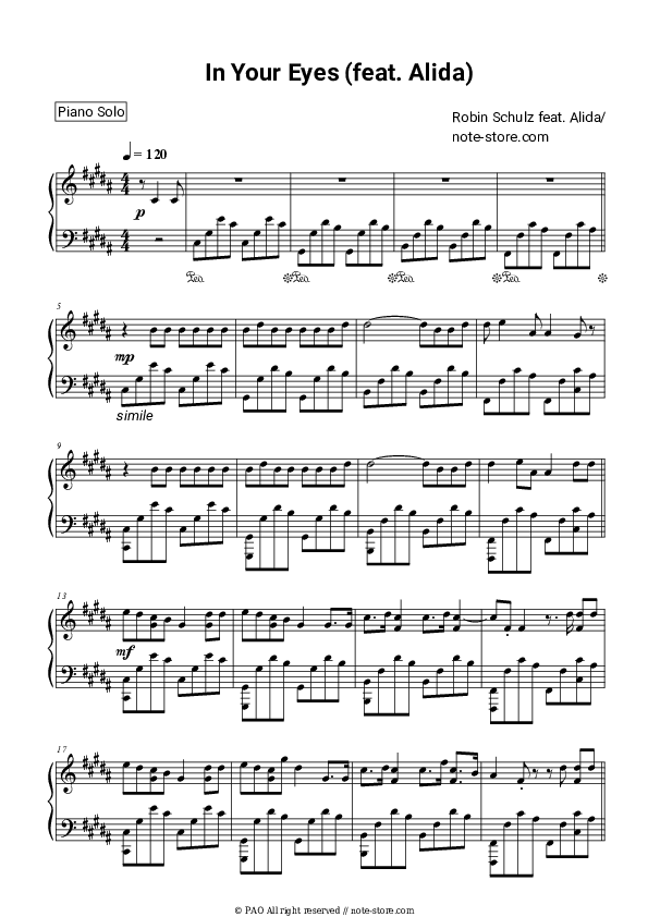 In Your Eyes - Robin Schulz, Alida Piano Sheet Music - Piano.Solo