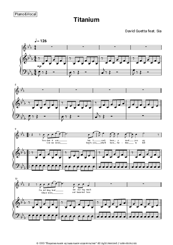 Titanium - David Guetta, Sia Piano Sheet Music with the Voice part - Piano&Vocal