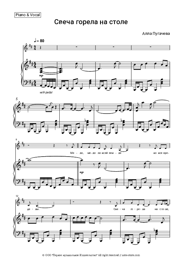 Свеча горела на столе - Alla Pugacheva Piano Sheet Music with the Voice part - Piano&Vocal