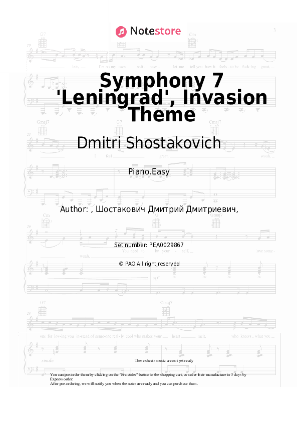 Symphony 7 'Leningrad', Invasion Theme - Dmitri Shostakovich Piano Sheet Music Easy - Piano.Easy