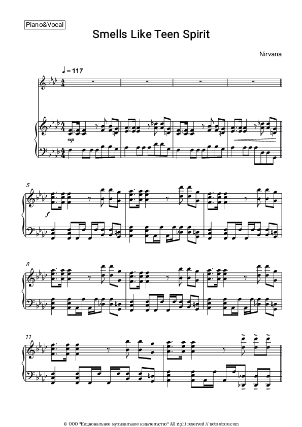 Smells Like Teen Spirit - Nirvana Piano Sheet Music with the Voice part - Piano&Vocal