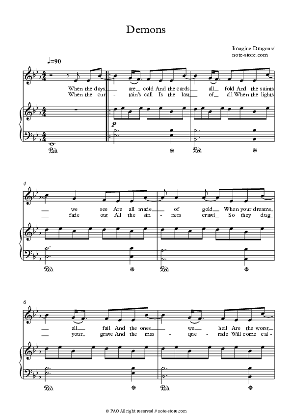 Demons - Imagine Dragons Piano Sheet Music with the Voice part - Piano&Vocal