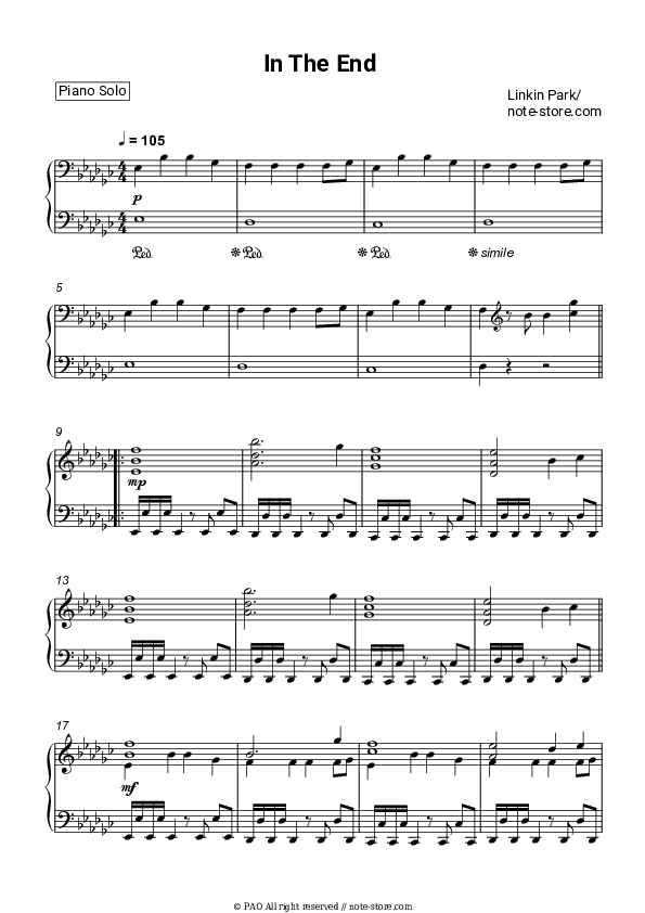 In The End - Linkin Park Piano Sheet Music - Piano.Solo