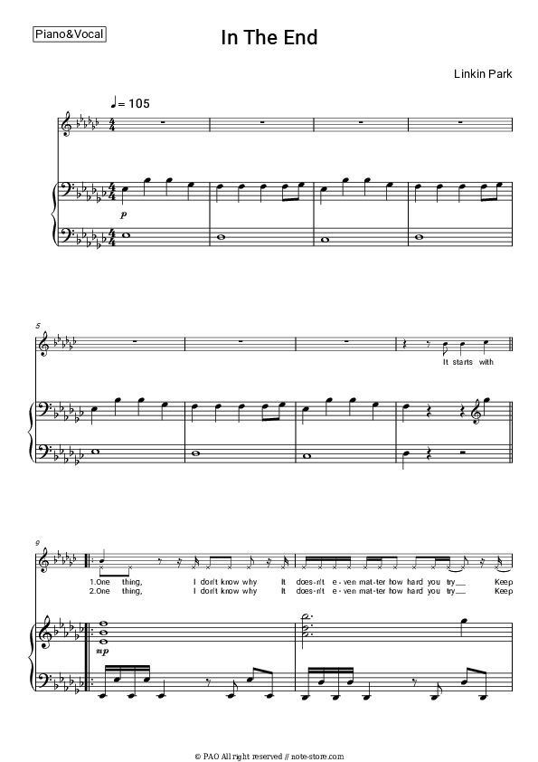 In The End - Linkin Park Piano Sheet Music with the Voice part - Piano&Vocal