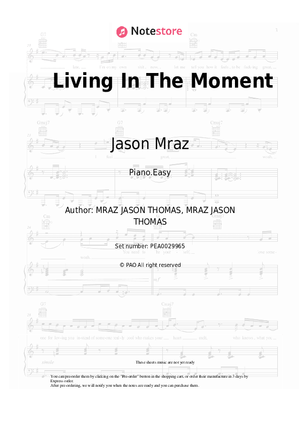 Living In The Moment - Jason Mraz Piano Sheet Music Easy - Piano.Easy