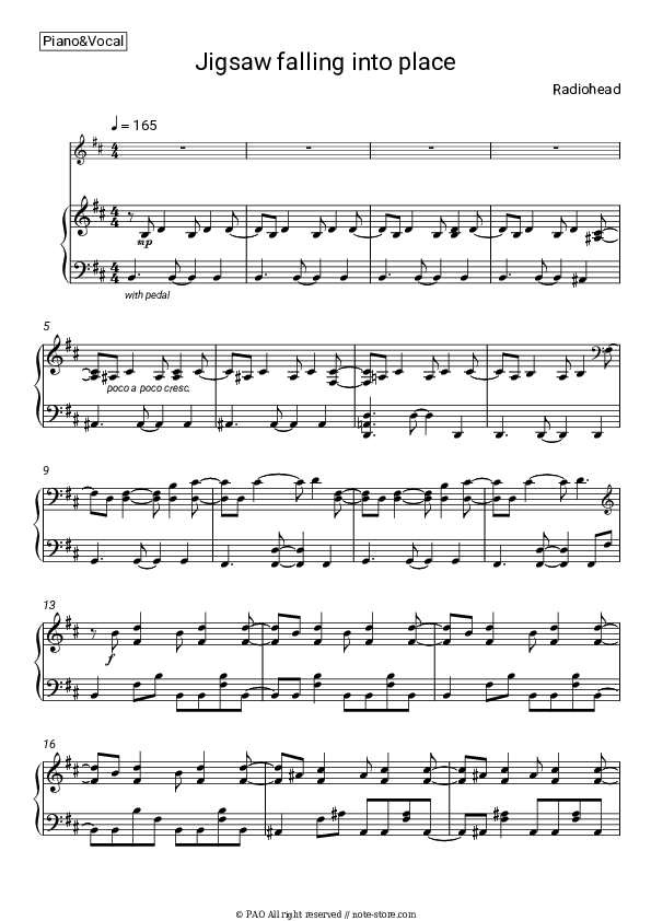 Jigsaw Falling Into Place - Radiohead Piano Sheet Music with the Voice part - Piano&Vocal