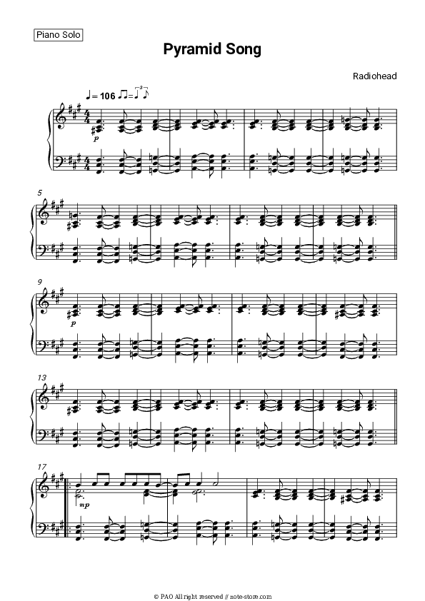 Pyramid Song - Radiohead Piano Sheet Music - Piano.Solo