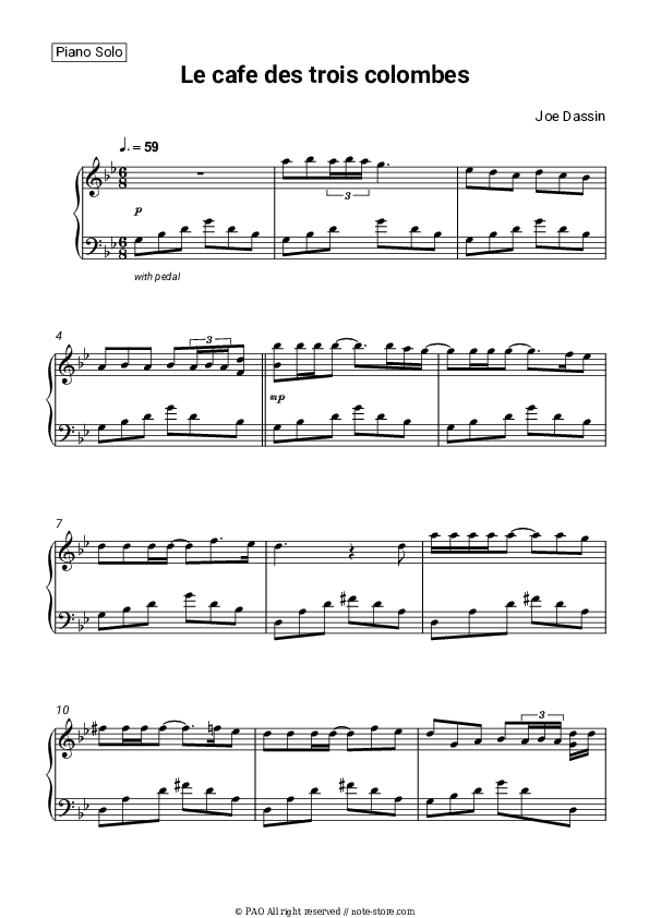 Le cafe des trois colombes - Joe Dassin Piano Sheet Music - Piano.Solo
