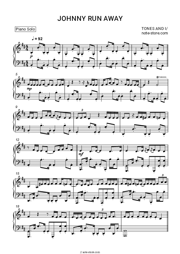 Johnny Run Away - Tones and I Piano Sheet Music - Piano.Solo