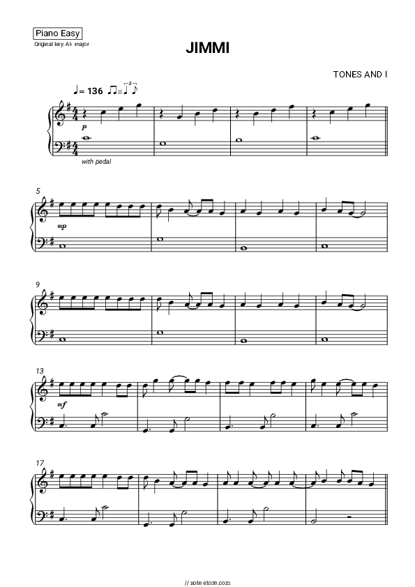 Jimmy - Tones and I Piano Sheet Music Easy - Piano.Easy