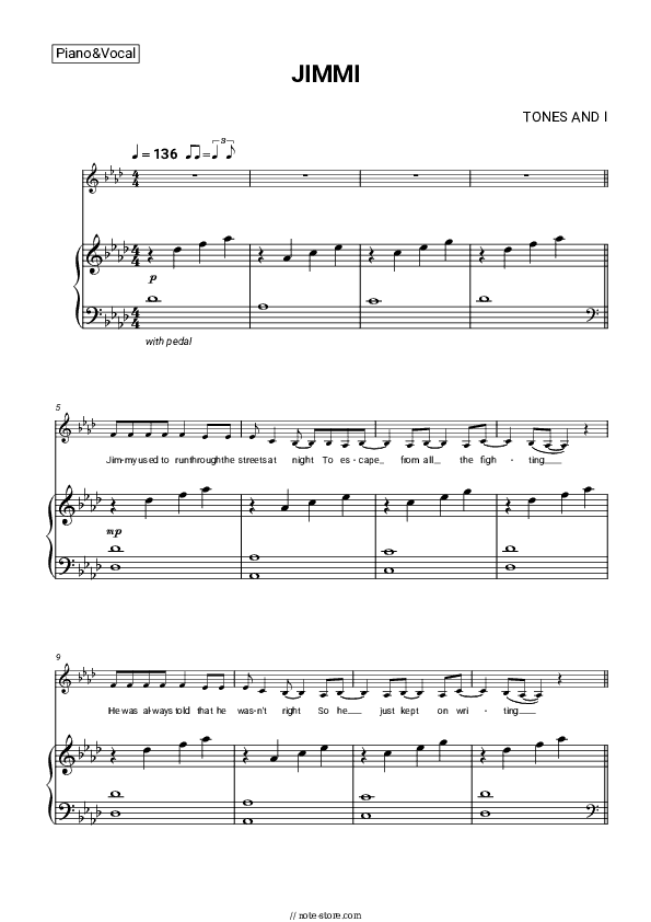 Jimmy - Tones and I Piano Sheet Music with the Voice part - Piano&Vocal