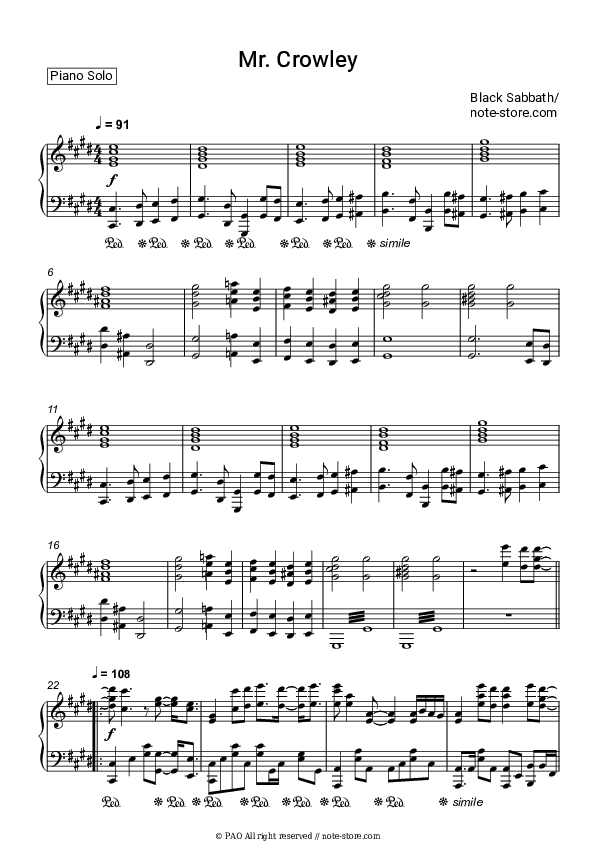 Mr. Crowley - Black Sabbath, Ozzy Osbourne Piano Sheet Music - Piano.Solo