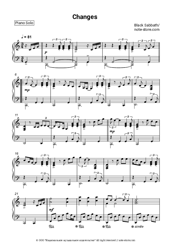 Changes - Black Sabbath Piano Sheet Music - Piano.Solo