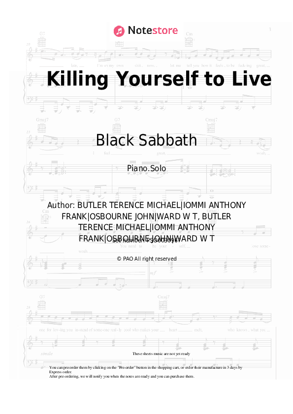 Killing Yourself to Live - Black Sabbath Piano Sheet Music - Piano.Solo