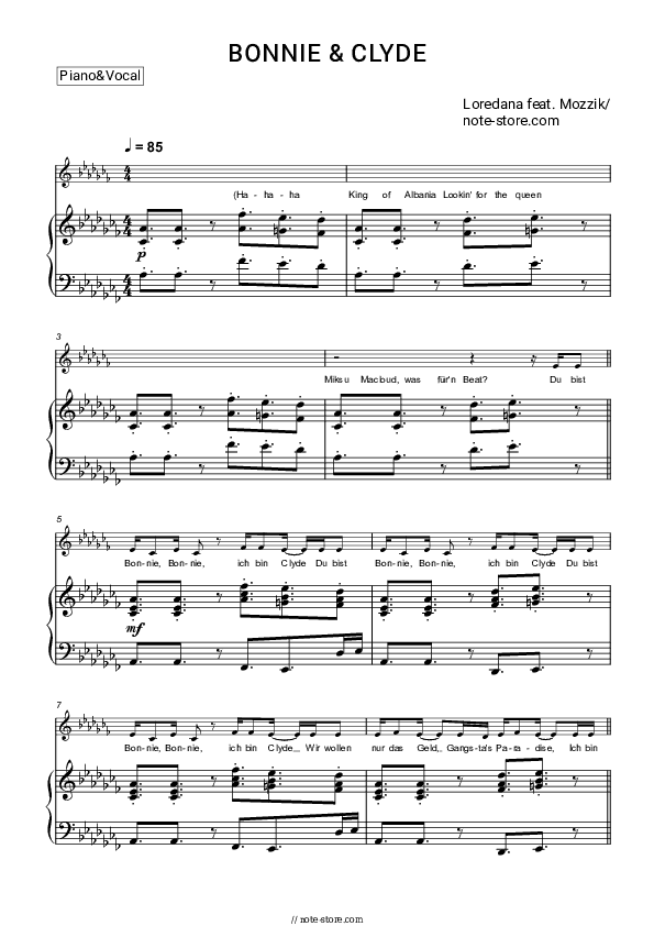 BONNIE & CLYDE - Loredana, Mozzik Piano Sheet Music with the Voice part - Piano&Vocal